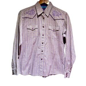 Vintage Wrangler Blues Women Embroidered Pearl Snap Shirt M‎ Purple Plaid Lurex